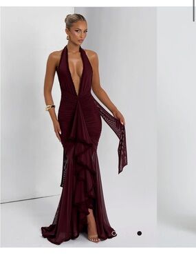 Plunging Halter Ruffle-Front Maxi Dress in Deep Burgundy
